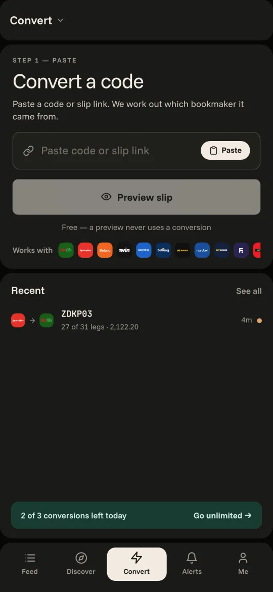 Convert a code: paste a booking code from any bookmaker