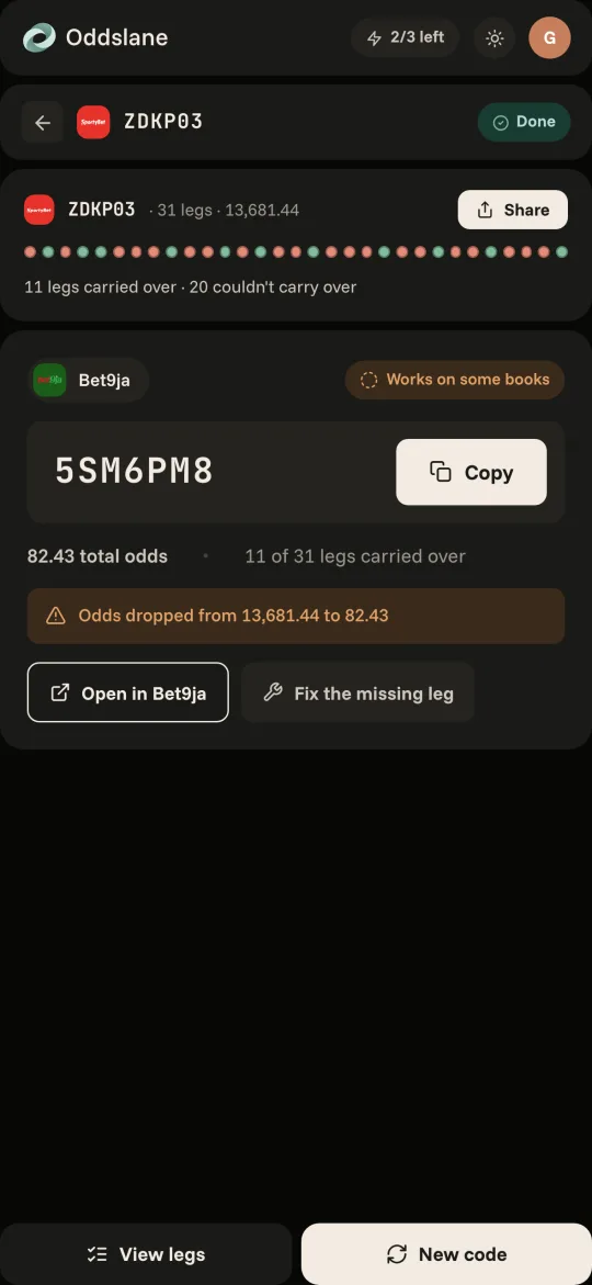 The result: a playable Bet9ja code, with every leg that carried over