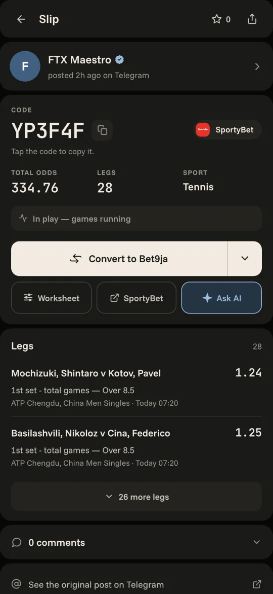 A posted slip: legs, odds and one-tap conversion