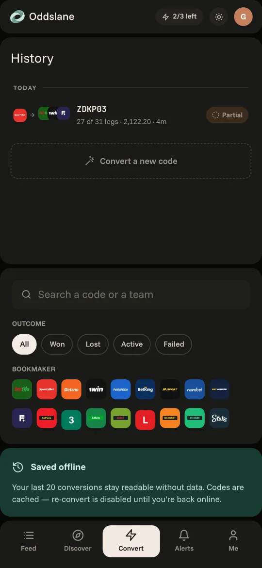 History: past conversions, searchable by code, outcome and bookmaker